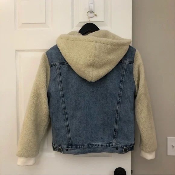 Levi's Premium Ex-Boyfriend Sherpa Hooded Trucker Jean Jacket Medium - Picture 8 of 16